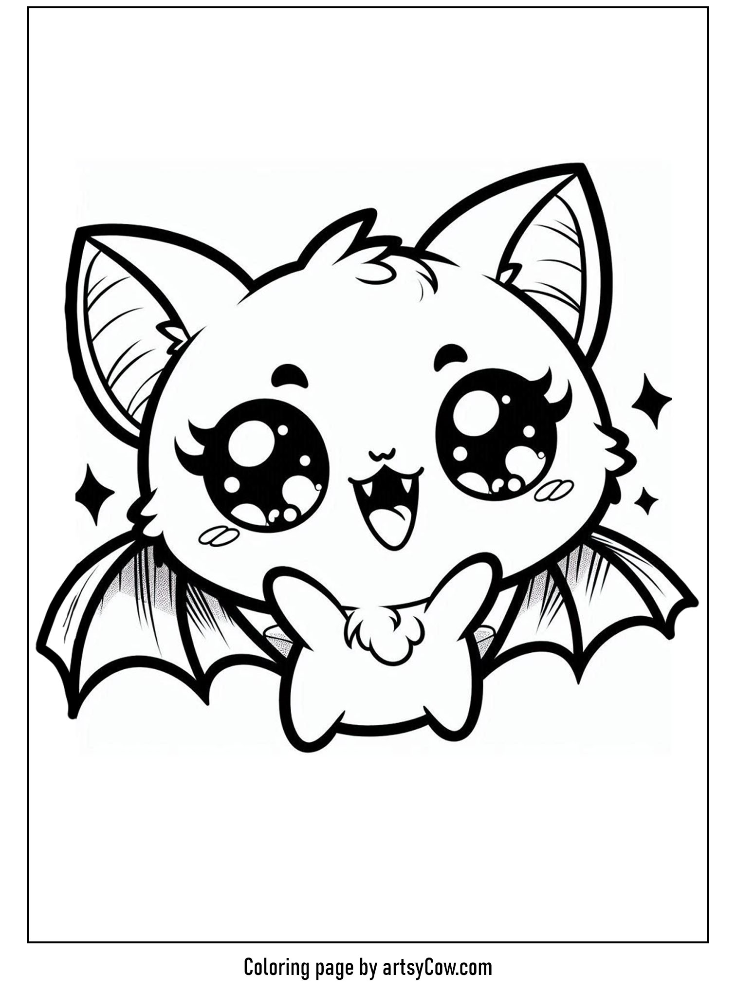 halloween coloring pages with bats, featuring a cute bat with vampire fangs and twinkling eyes.
